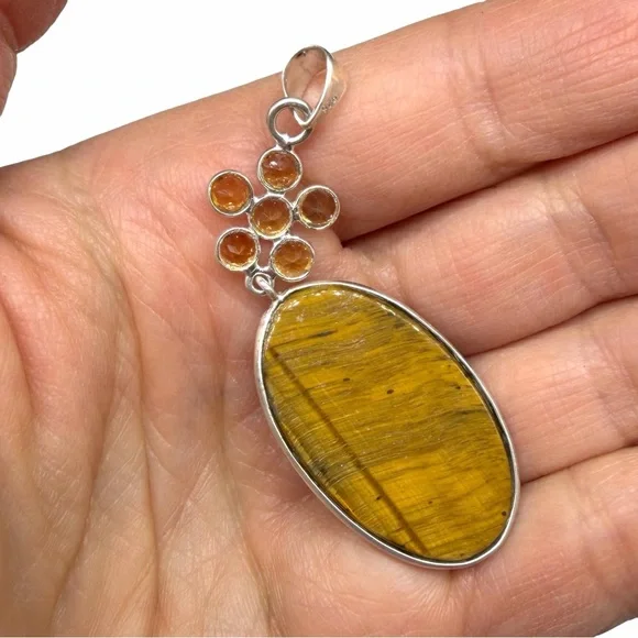 Tiger’s Eye Citrine Flower Necklace Pendant Solid 925 Sterling Silver Oval Stone